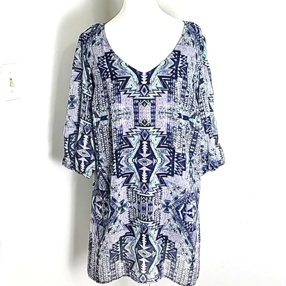 BeBop Blue & Purple Aztec Print Tunic, Sheer with Lining, Size Large